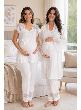 Dantelli Ekru Kısa Kollu Lohusa Hamile Pijama Takımı Sabahlık 33002